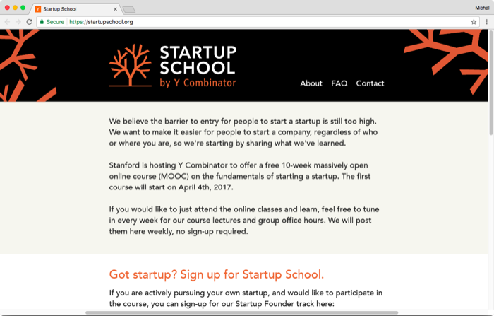 Y Combinator Startup School Website